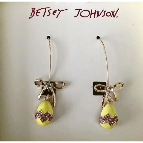 Betsey Johnson Jewelry - New BETSEY JOHNSON Easter Eggs Gold Bows Dangle Rhinestones Earrings